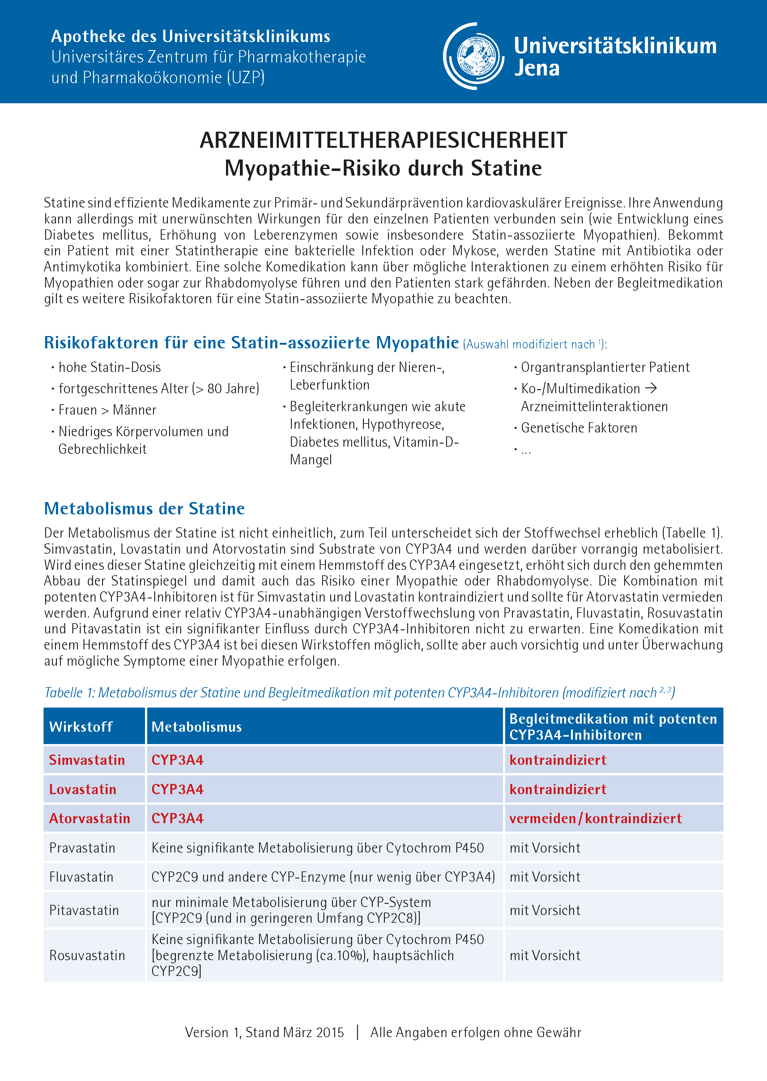 Flyer Myopathie-Risiko durch Statine