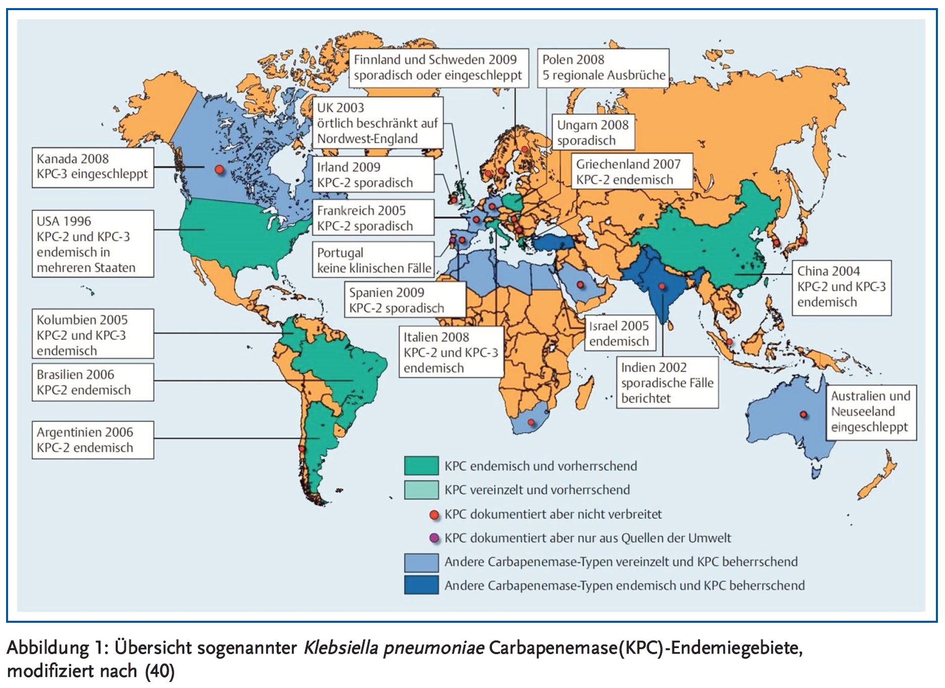 Abbildung 1: Übersicht sogenannter <em>Klebsiella pneumoniae</em> Carbapenemase(KPC)-Endemiegebiete, modifiziert nach (40)