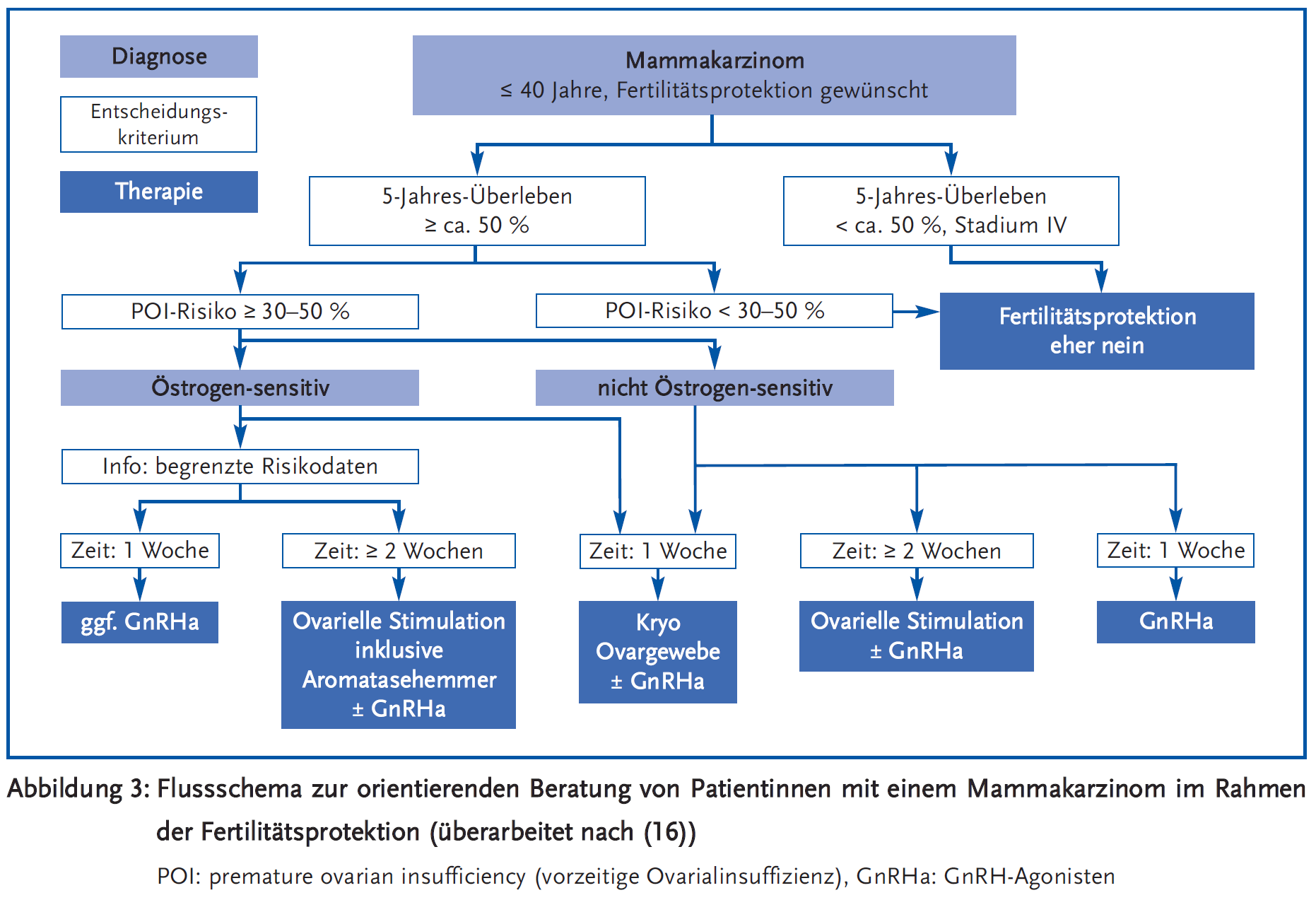 Abbildung 3: Flussschema zur orientierenden Beratung von Patientinnen mit einem Mammakarzinom im Rahmen der Fertilitätsprotektion (überarbeitet nach (16))