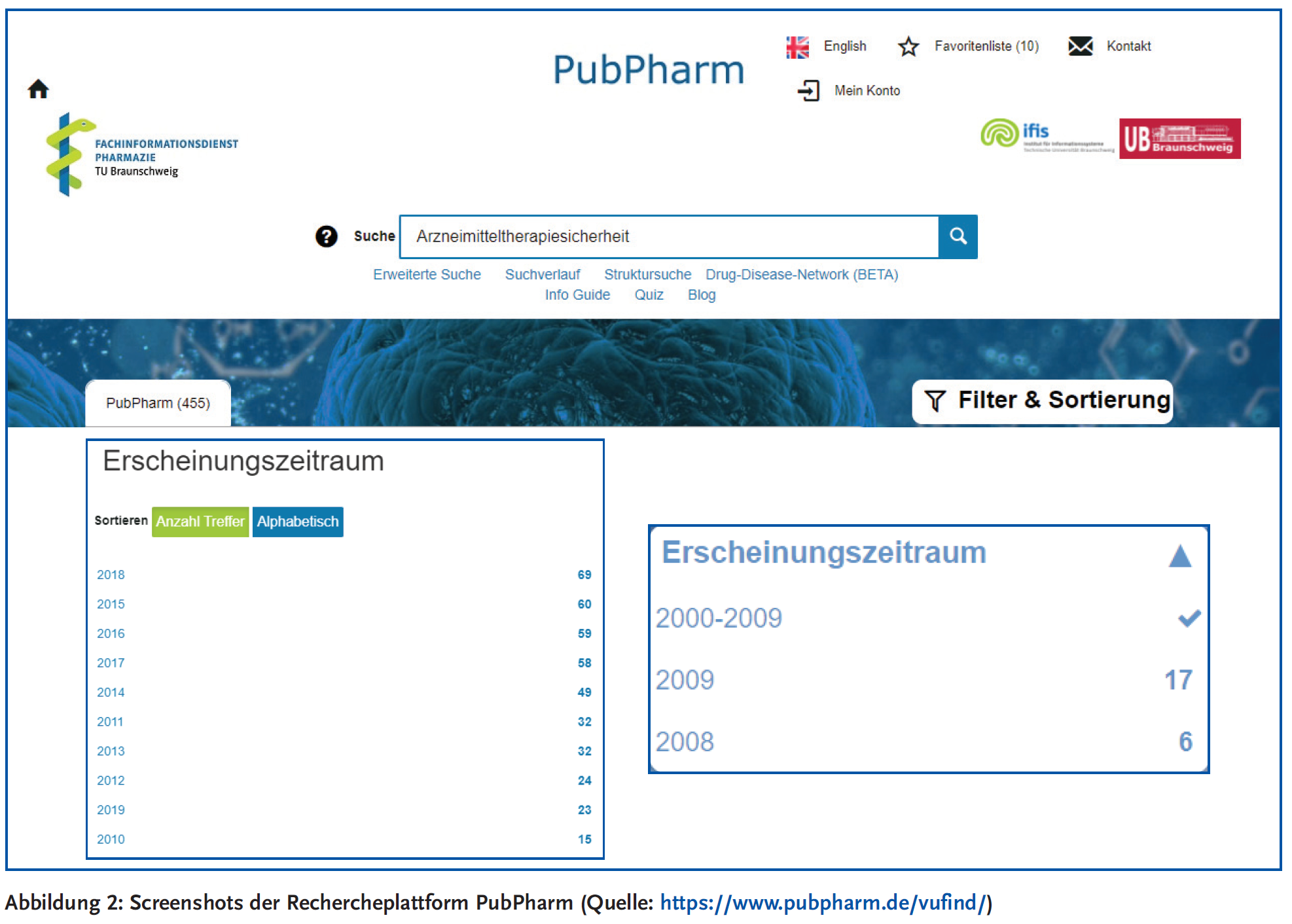 Abbildung 2: Screenshots der Rechercheplattform PubPharm (Quelle: https://www.pubpharm.de/vufind/)