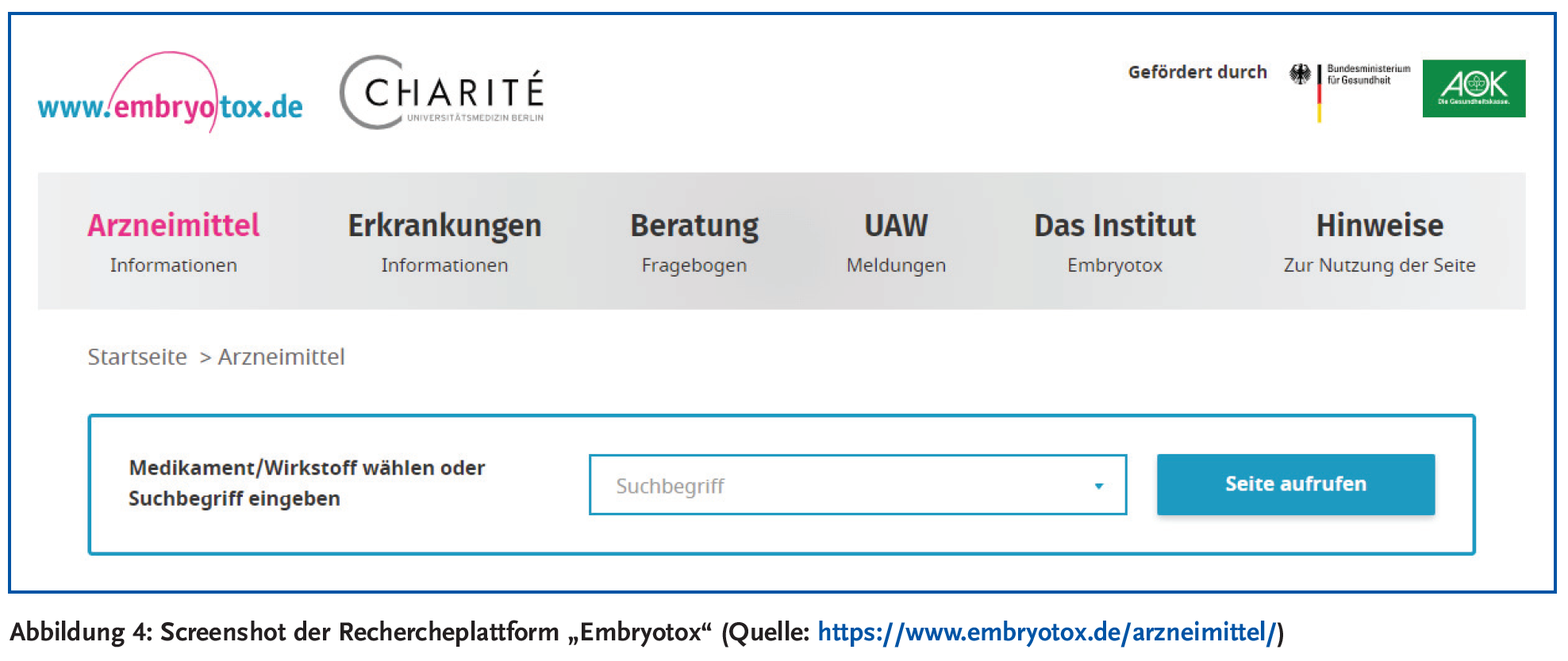 Abbildung 4: Screenshot der Rechercheplattform „Embryotox“ (Quelle: https://www.embryotox.de/arzneimittel/)