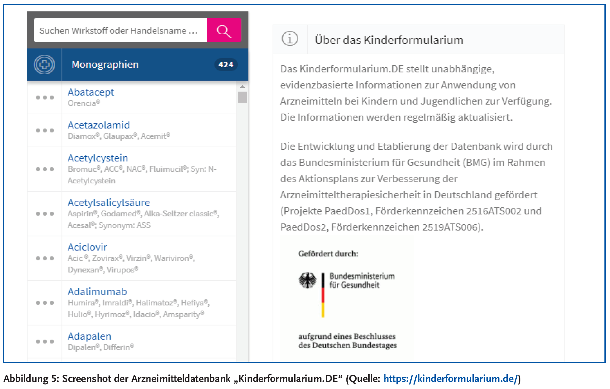 Abbildung 5: Screenshot der Arzneimitteldatenbank „Kinderformularium.DE“ (Quelle: https://kinderformularium.de/)